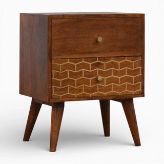 Gold Pattern 2 Drawer Bedside Table | Chestnut Mango Wood