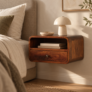 Dark chestnut floating nightstand with an open shelf and single drawer, styled with books and a stone lamp beside a linen bed.