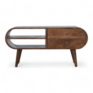 Front view of the Dark Wooden Oval Media Unit with a drawer, open shelf, and tapered legs.