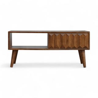 Front view of the Dark Wooden Sliding Media Unit showcasing its hand-carved sliding door, open slot, and tapered legs.