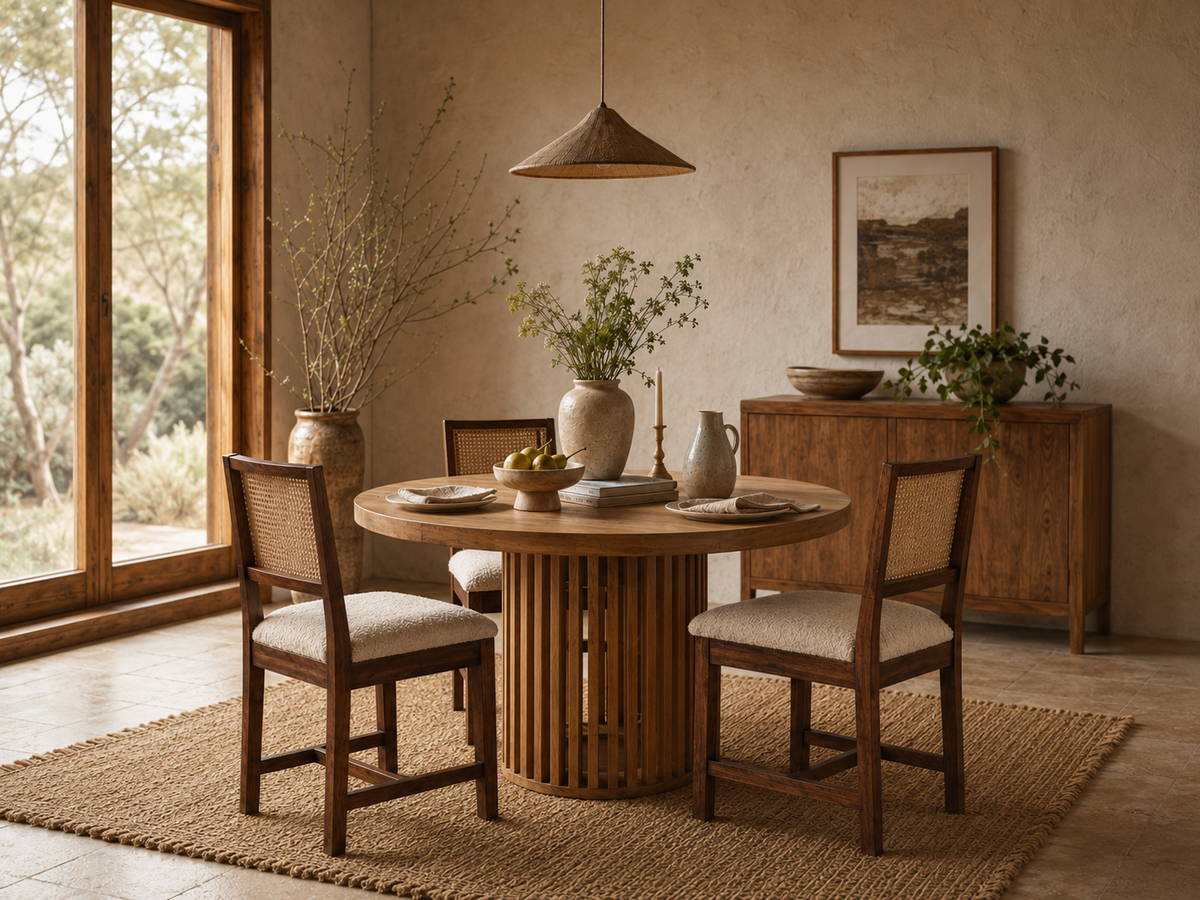 A round wooden dining table with a slatted pedestal base, surrounded by four matching wooden chairs with woven backs and light beige upholstered seats, set in a warm, rustic dining room with a jute rug, textured plaster walls, and a wooden sideboard.