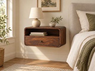 A floating dark wood nightstand with a single drawer and open shelf, styled in a bedroom next to a bed with neutral linens, a table lamp, and a small plant.