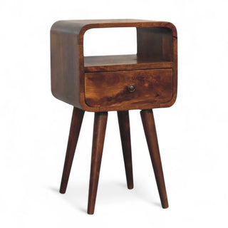 Mid-Century Solid Wood Nightstand | Mini Curved Chestnut