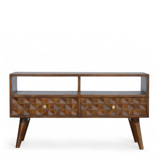Mid-Century Modern Solid Wood Diamond Carved TV Cabinet