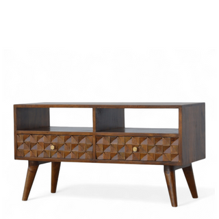 Mid-Century Modern Solid Wood Diamond Carved TV Cabinet