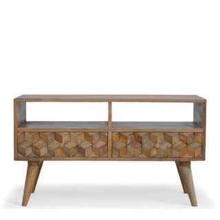Mid-Century Modern Solid Wood Cube Carved TV Stand