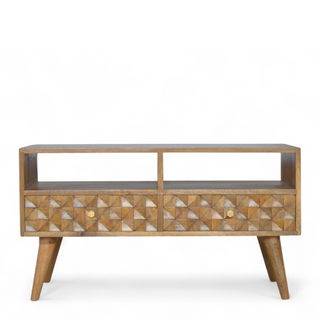 Mid-Century Modern Solid Wood Diamond Carved TV Stand