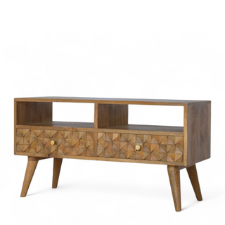 Mid-Century Modern Solid Wood Diamond Carved TV Stand