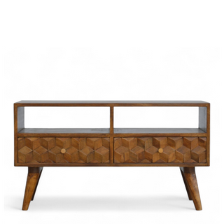 Mid-Century Modern Chestnut Solid Wood Cube Carved TV Stand