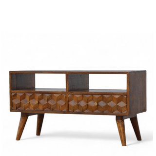 Mid-Century Modern Chestnut Solid Wood Cube Carved TV Stand
