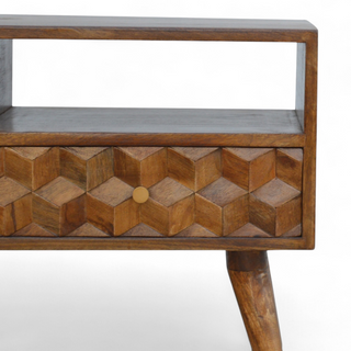 Mid-Century Modern Chestnut Solid Wood Cube Carved TV Stand