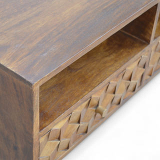 Mid-Century Modern Chestnut Solid Wood Cube Carved TV Stand