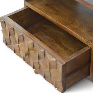 Mid-Century Modern Chestnut Solid Wood Cube Carved TV Stand