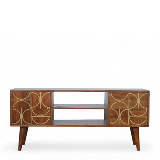 Mid-Century Modern Chestnut Solid Wood Gold Inlay TV Stand