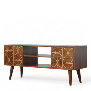 Mid-Century Modern Chestnut Solid Wood Gold Inlay TV Stand