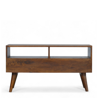 Mid-Century Modern Chestnut Solid Wood Cube Carved TV Stand
