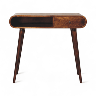 Front view of a vintage console table featuring an open storage compartment and a single drawer in a walnut finish.