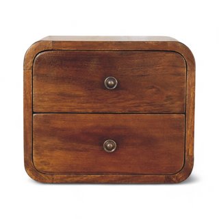 Front view of a wooden nightstand with a chestnut finish featuring two drawers and rounded edges.