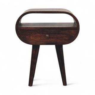 Front view of an oval-shaped wooden nightstand with a dark finish, a single drawer, and Nordic-style legs.