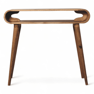 Front view of the vintage console table, emphasizing its minimalist open storage design and clean lines. 