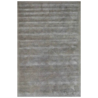 A rectangular area rug with a textured, distressed geometric pattern in shades of gray and taupe.