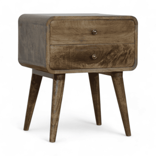 Side view of a grey-washed nightstand highlighting its smooth curves and minimalist profile.