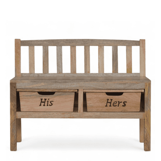 Rustic mango wood hallway storage bench with slatted backrest and two drawers engraved "His" and "Hers", front view