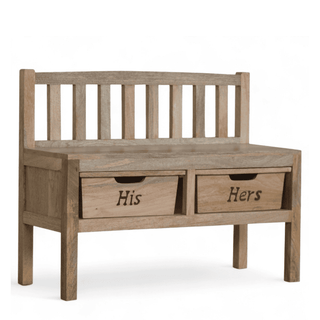 Wooden two-drawer entryway bench with "His" and "Hers" drawers shown at a front three-quarter angle