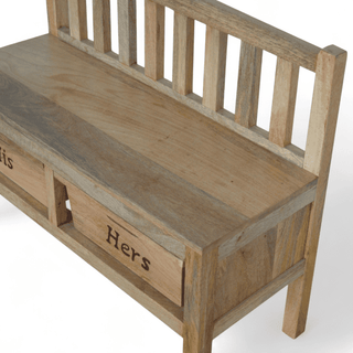 Rear three-quarter view of a wooden storage bench showing the slatted backrest and the engraved "Hers" drawer