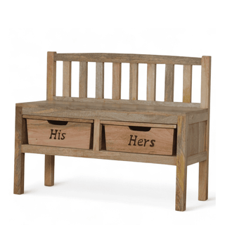 Solid wood bench with slatted back and two storage drawers labelled "His" and "Hers", shown from the opposite angle