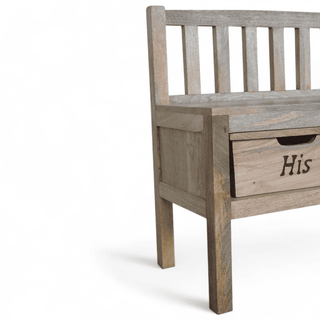 Side profile of a rustic mango wood hallway bench with slatted back and armrest, showing the "His" drawer