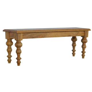 Remi Dining Bench Solid Mango Wood Thick Plank Seat Ornate Turned Column Legs