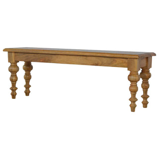 Remi Dining Bench Solid Mango Wood Thick Plank Seat Ornate Turned Column Legs