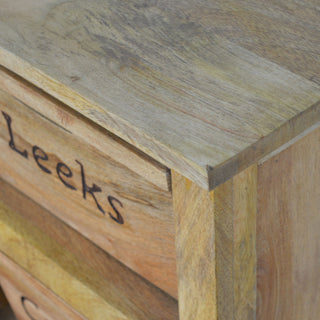 Harvest Kitchen Cabinet Tall Slim Vegetable Label Carved Drawers Natural Oak