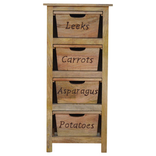 Harvest Kitchen Cabinet Tall Slim Vegetable Label Carved Drawers Natural Oak