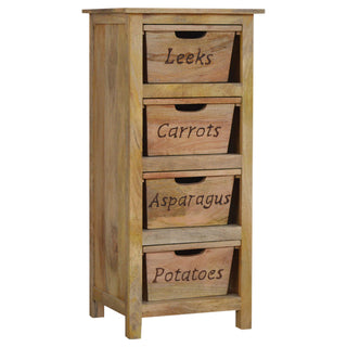 Harvest Kitchen Cabinet Tall Slim Vegetable Label Carved Drawers Natural Oak