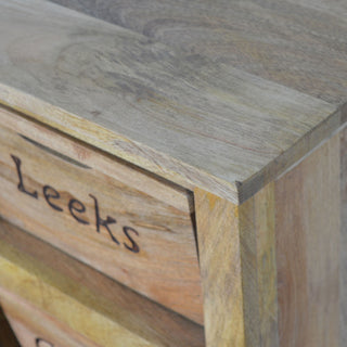 Harvest Kitchen Cabinet Tall Slim Vegetable Label Carved Drawers Natural Oak
