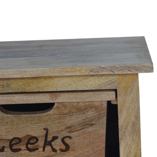 Harvest Kitchen Cabinet Tall Slim Vegetable Label Carved Drawers Natural Oak