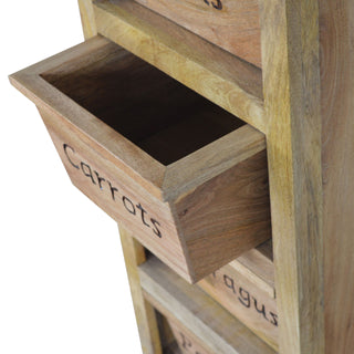 Harvest Kitchen Cabinet Tall Slim Vegetable Label Carved Drawers Natural Oak