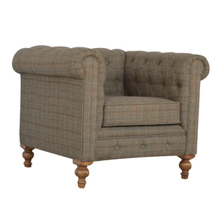 Baxter Armchair Multi Tweed Chesterfield Buttoned Bleached Turned Leg