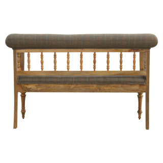 Hadley Hallway Bench Multi Tweed Button Tufted Low Spindle Back Brass Castors Antique Studs