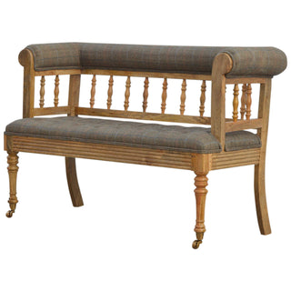 Hadley Hallway Bench Multi Tweed Button Tufted Low Spindle Back Brass Castors Antique Studs