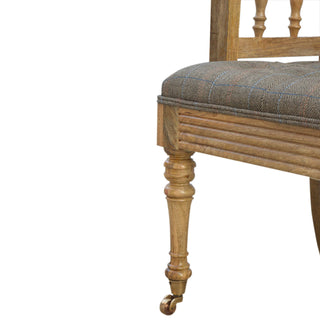 Hadley Hallway Bench Multi Tweed Button Tufted Low Spindle Back Brass Castors Antique Studs