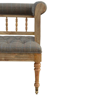 Hadley Hallway Bench Multi Tweed Button Tufted Low Spindle Back Brass Castors Antique Studs