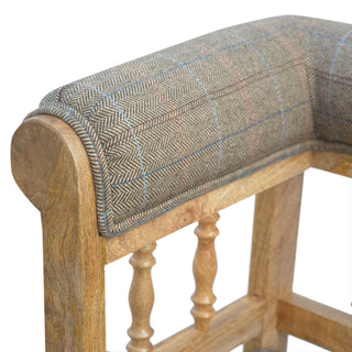 Hadley Hallway Bench Multi Tweed Button Tufted Low Spindle Back Brass Castors Antique Studs