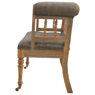 Hadley Hallway Bench Multi Tweed Button Tufted Low Spindle Back Brass Castors Antique Studs
