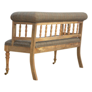 Hadley Hallway Bench Multi Tweed Button Tufted Low Spindle Back Brass Castors Antique Studs