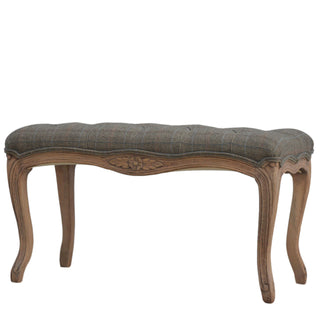 Margot Bedroom Bench Multi Tweed Button Tufted French Cabriole Legs Carved Apron Sun-Bleached