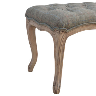 Margot Bedroom Bench Multi Tweed Button Tufted French Cabriole Legs Carved Apron Sun-Bleached