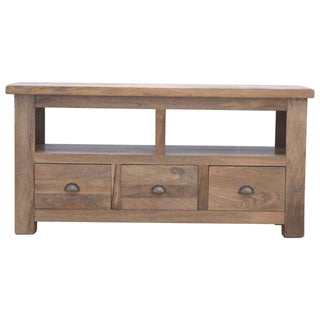 Hazel TV Media Unit Oak Mango Wood Farmhouse Style Three Drawers with Shell Handles & Plinth Base